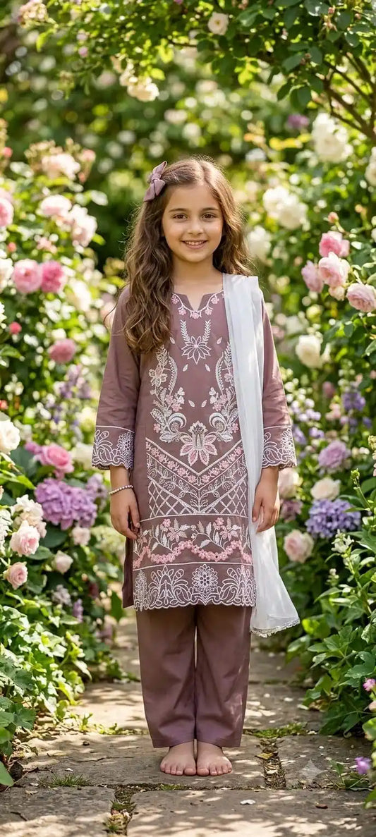 Onion Pink Girls Embroidered Rayon 3pc Suit ASC Fashion Store