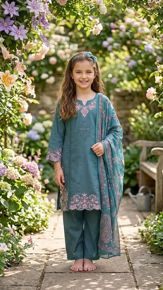 Teal Blue Girls Embroidered Rayon 3pc Suit ASC Fashion Store