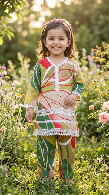 Girls Elegant Rayon Karachi Lace Co-Ord Set by ASC - Mint Green