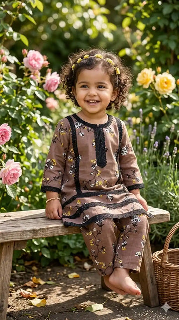 Girls Premium Rayon Karachi Lace Co-Ord Set by ASC - Coffee