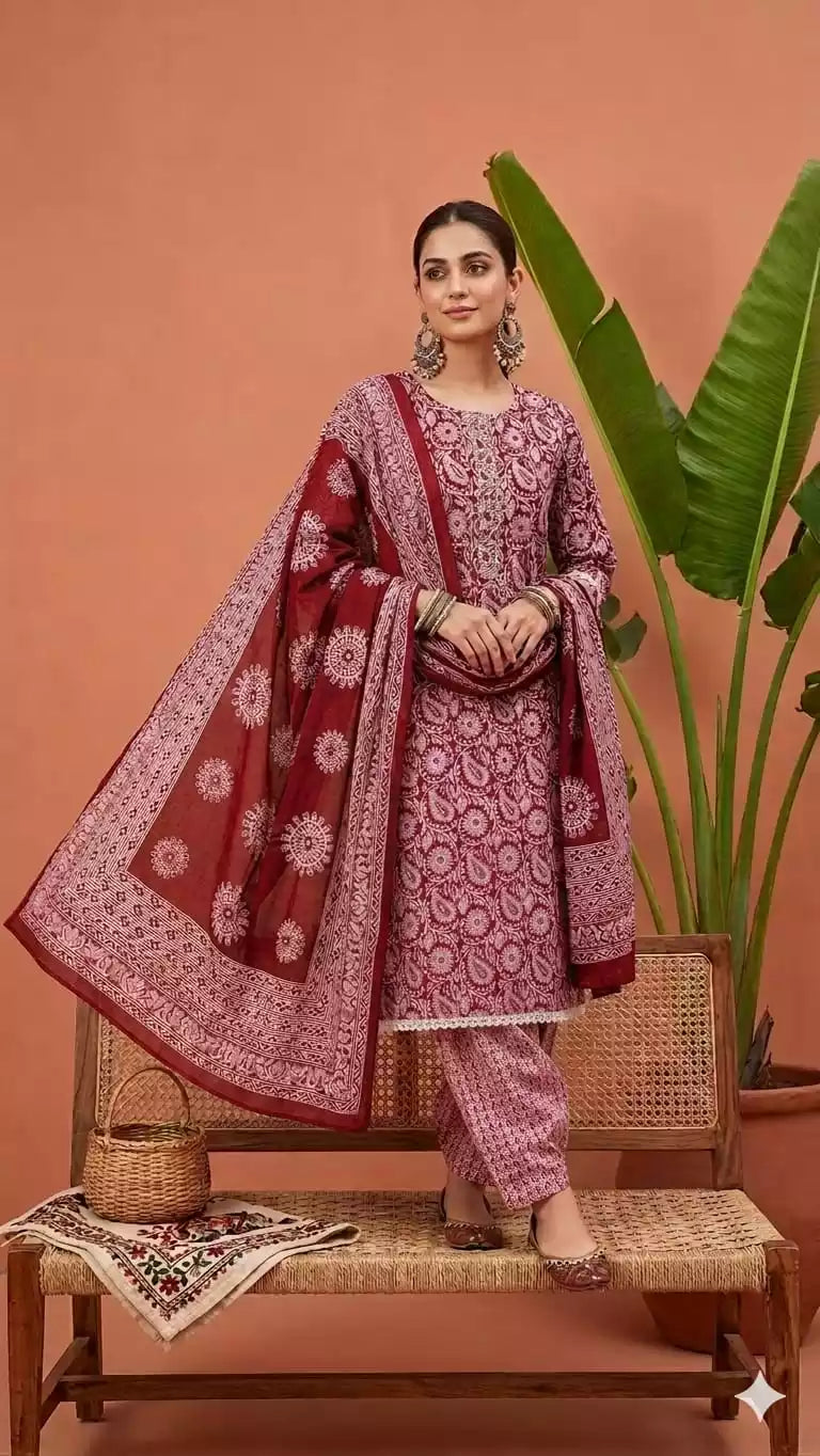 Premium Jaipuri Readymade Cotton Kalamkari Prints with Salwar & Beads Work Neck Dabu Print Suit Set
