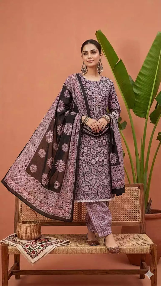 Premium Jaipuri Readymade Cotton Kalamkari Prints with Salwar & Beads Work Neck Dabu Print Suit Set