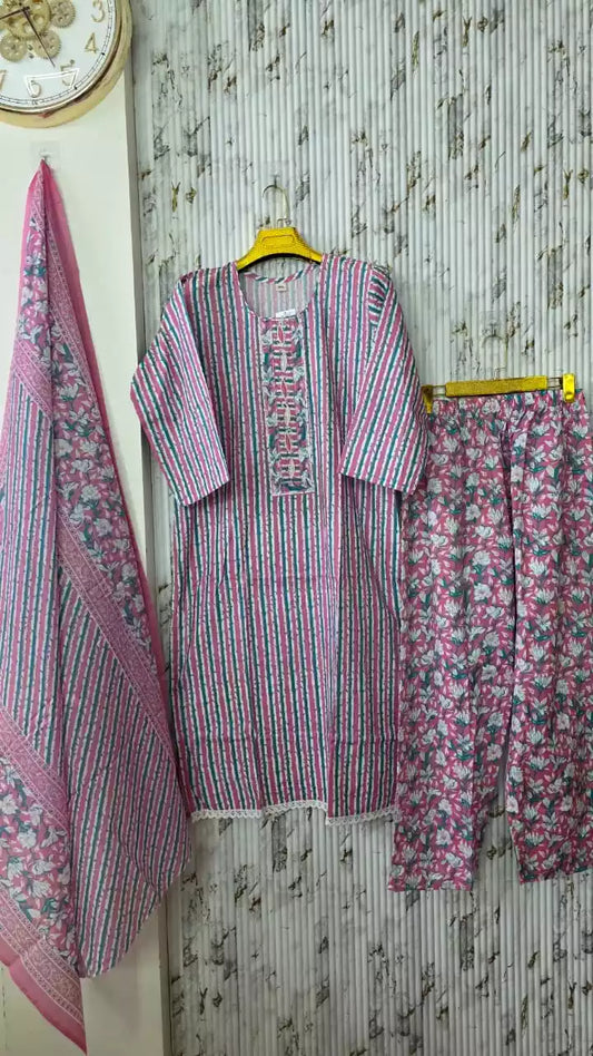 Jaipuri Readymade Cotton Suit With Comfortable Plazzo & Printed Cotton Dupatta