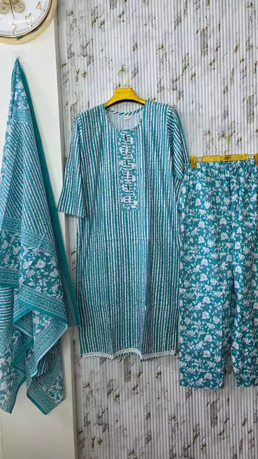 Jaipuri Readymade Cotton Suit With Comfortable Plazzo & Printed Cotton Dupatta