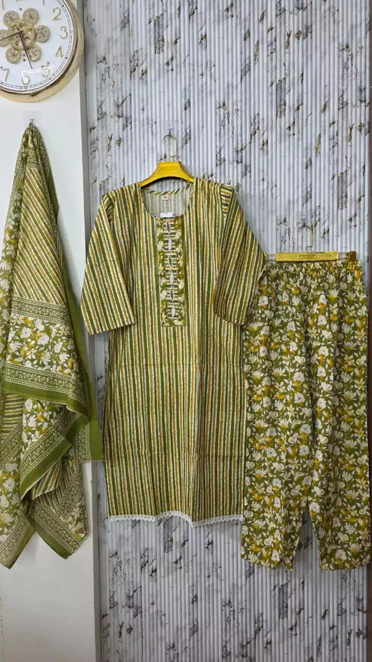 Jaipuri Readymade Cotton Suit With Comfortable Plazzo & Printed Cotton Dupatta