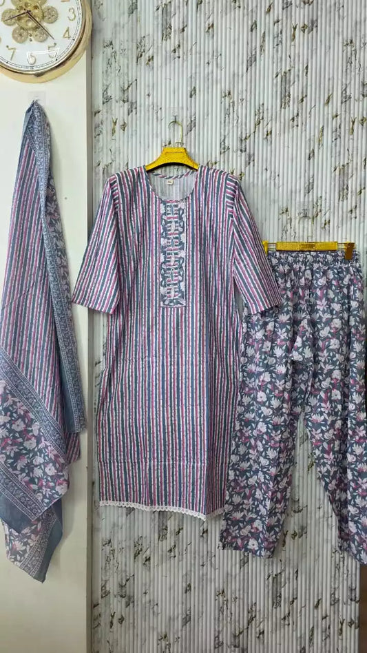 Jaipuri Readymade Cotton Suit With Comfortable Plazzo & Printed Cotton Dupatta