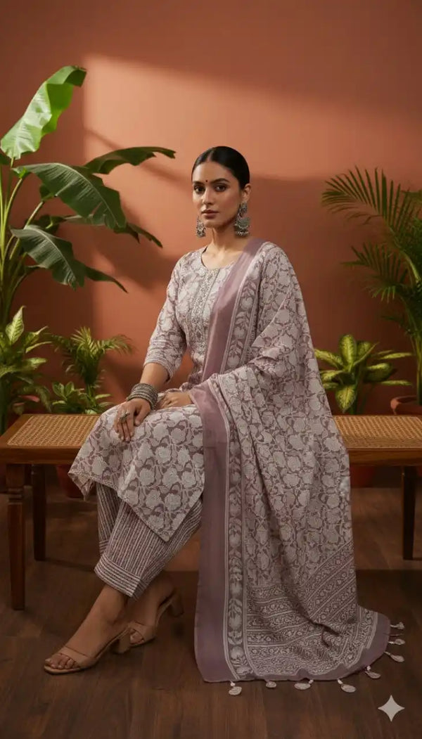 Readymade Block Print Cotton Suit With Cotton Dupatta