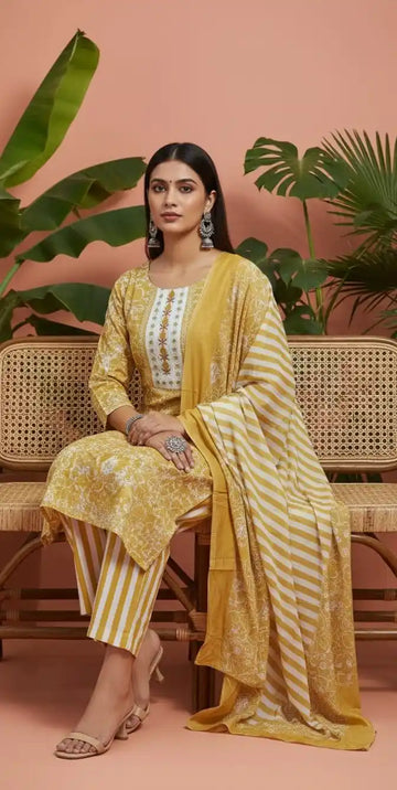 Readymade Block Print Cotton Suit With Mal Cotton Dupatta — Style 2