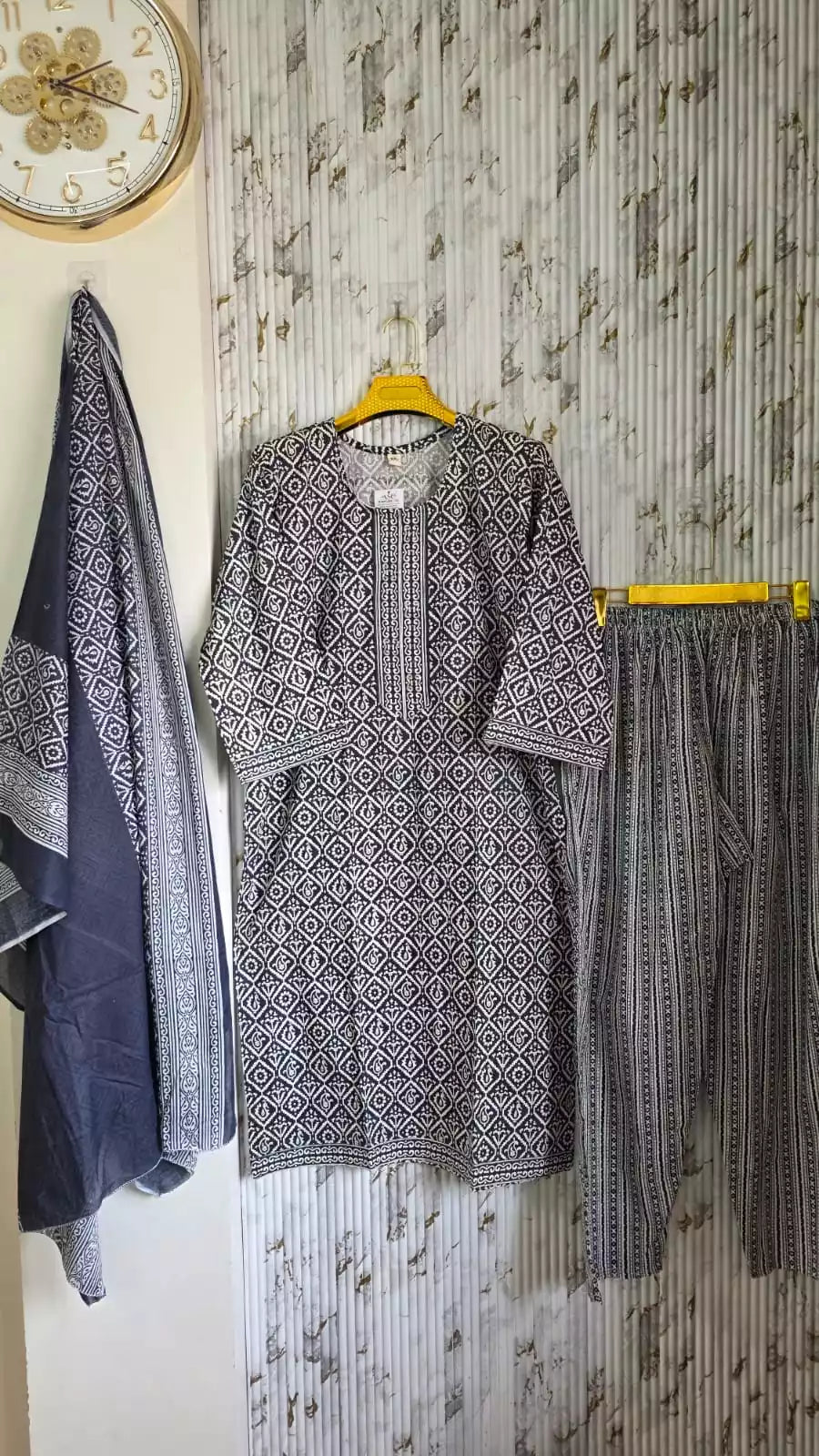 JAIPURI INDIGO PRINTES WITH NECK EMBROIDERY WITH COMFORTABLE PANTS AND COTTON DUPATTA IN PLUS SIZES