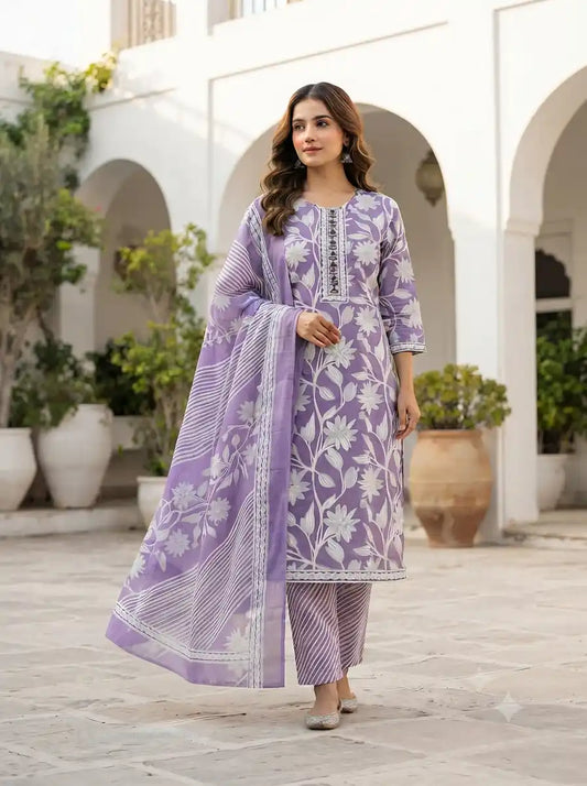 Floral Straight Cut Readymade Suit with Dupatta By ASC