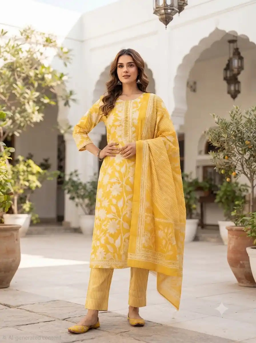 Floral Straight Cut Readymade Suit with Dupatta By ASC