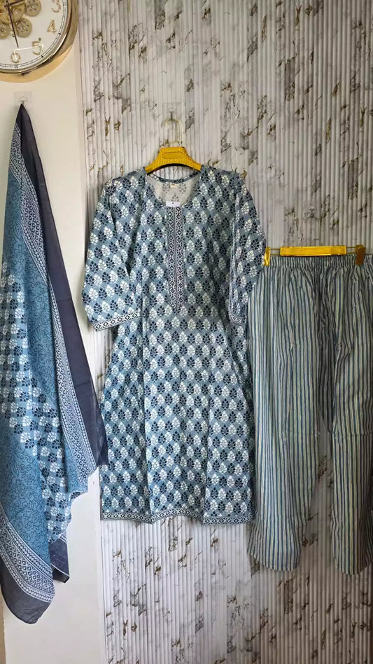 JAIPURI INDIGO PRINTES WITH NECK EMBROIDERY WITH COMFORTABLE PANTS AND COTTON DUPATTA IN PLUS SIZES