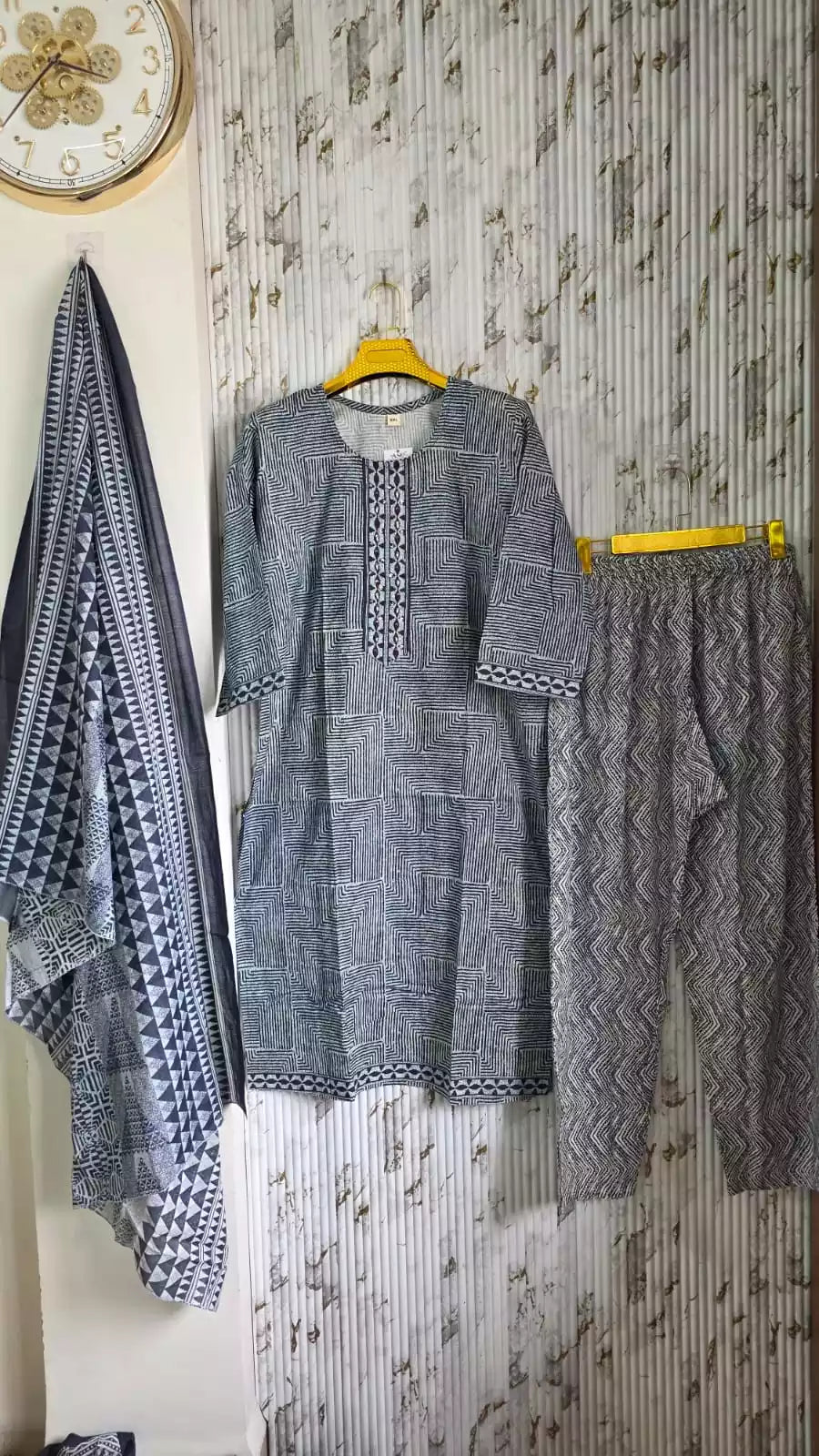 JAIPURI INDIGO PRINTES WITH NECK EMBROIDERY WITH COMFORTABLE PANTS AND COTTON DUPATTA IN PLUS SIZES