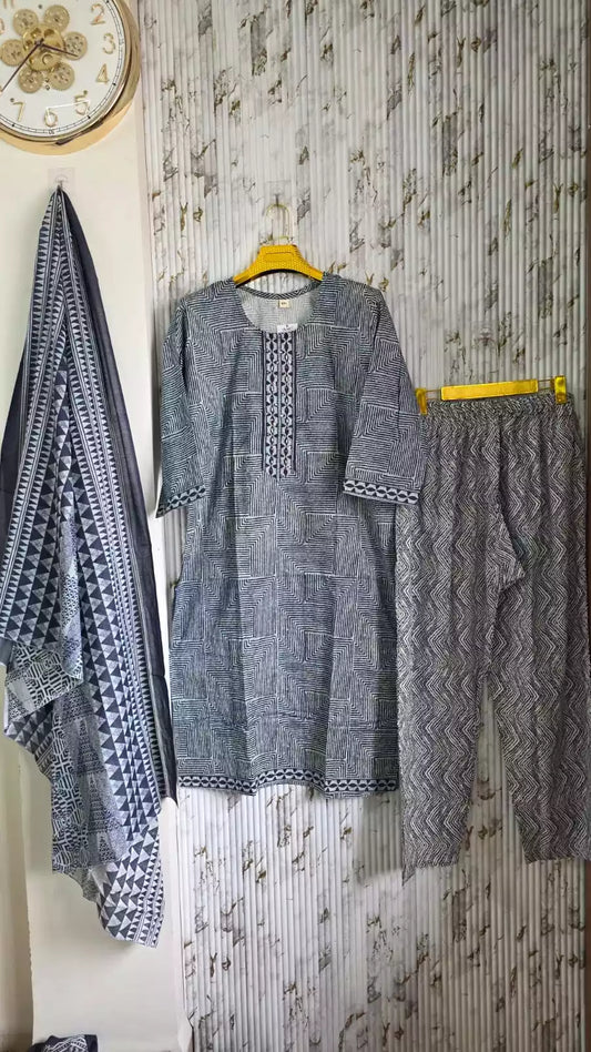 JAIPURI INDIGO PRINTES WITH NECK EMBROIDERY WITH COMFORTABLE PANTS AND COTTON DUPATTA IN PLUS SIZES