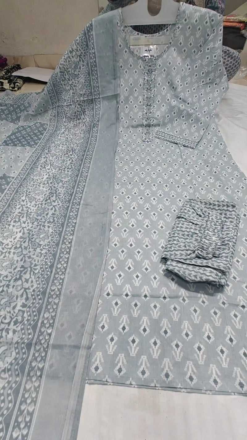 Grey traditional block print suit set