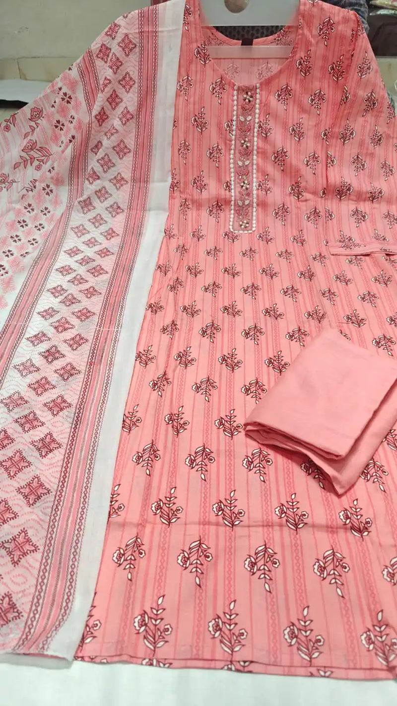 Pink floral printed cotton suit set