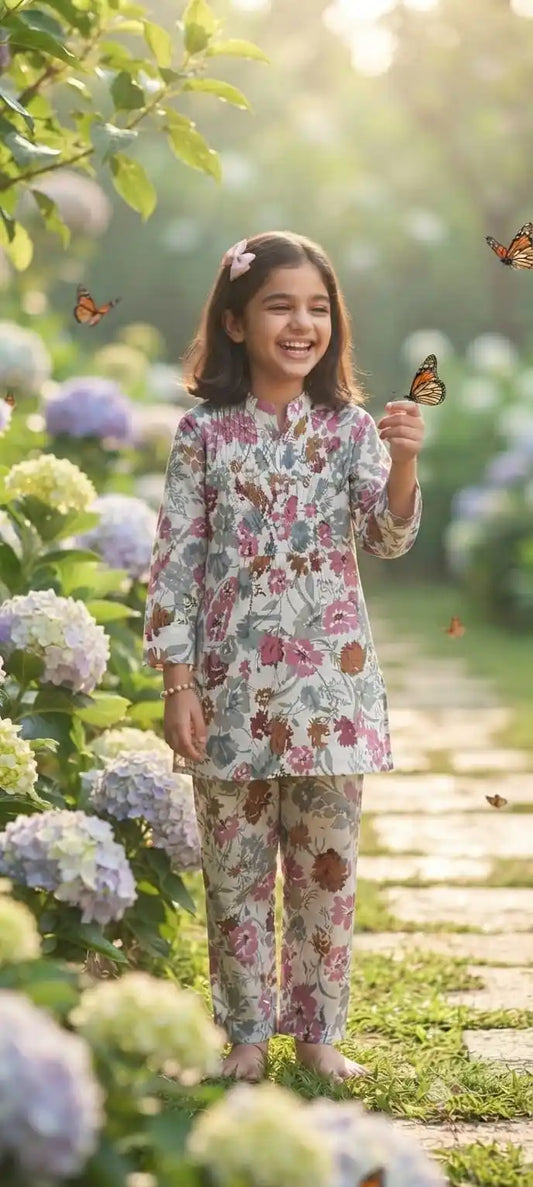 A young girl smiling and posing outdoors in a comfortable floral printed rayon cord-set.