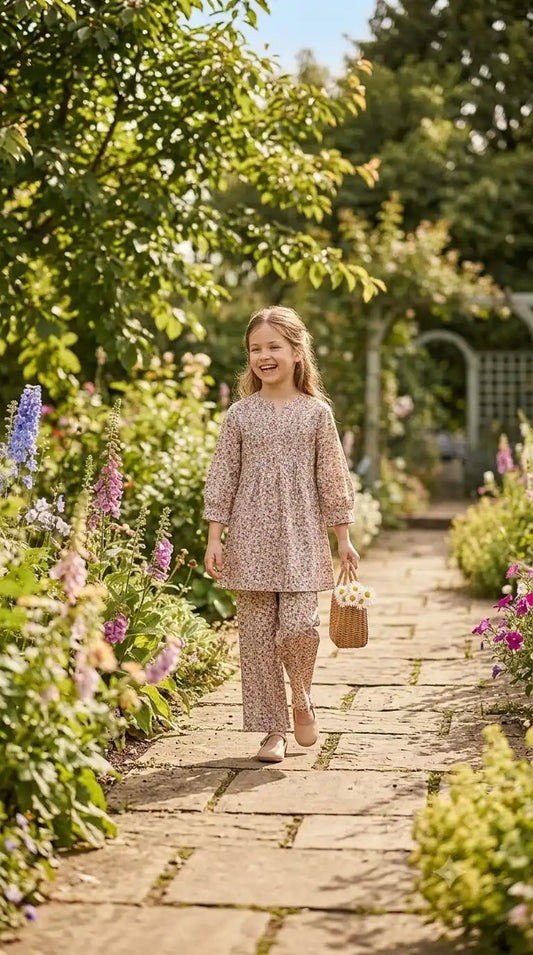 A child walking comfortably in a loose-fit western style printed rayon co-ord set outfit.