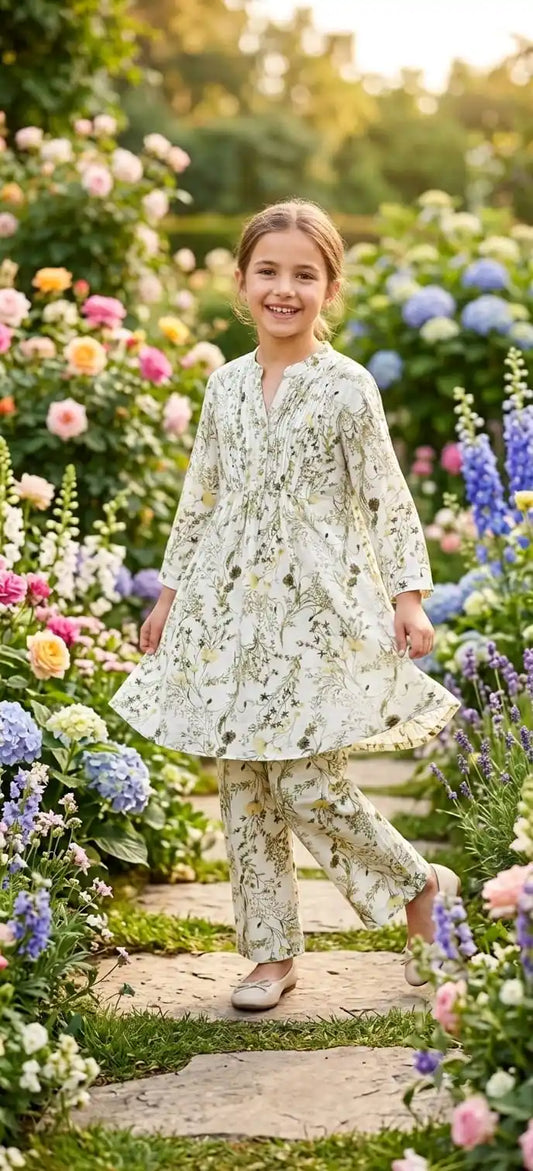 A young girl posing confidently in a modern western style geometric printed rayon matching outfit.