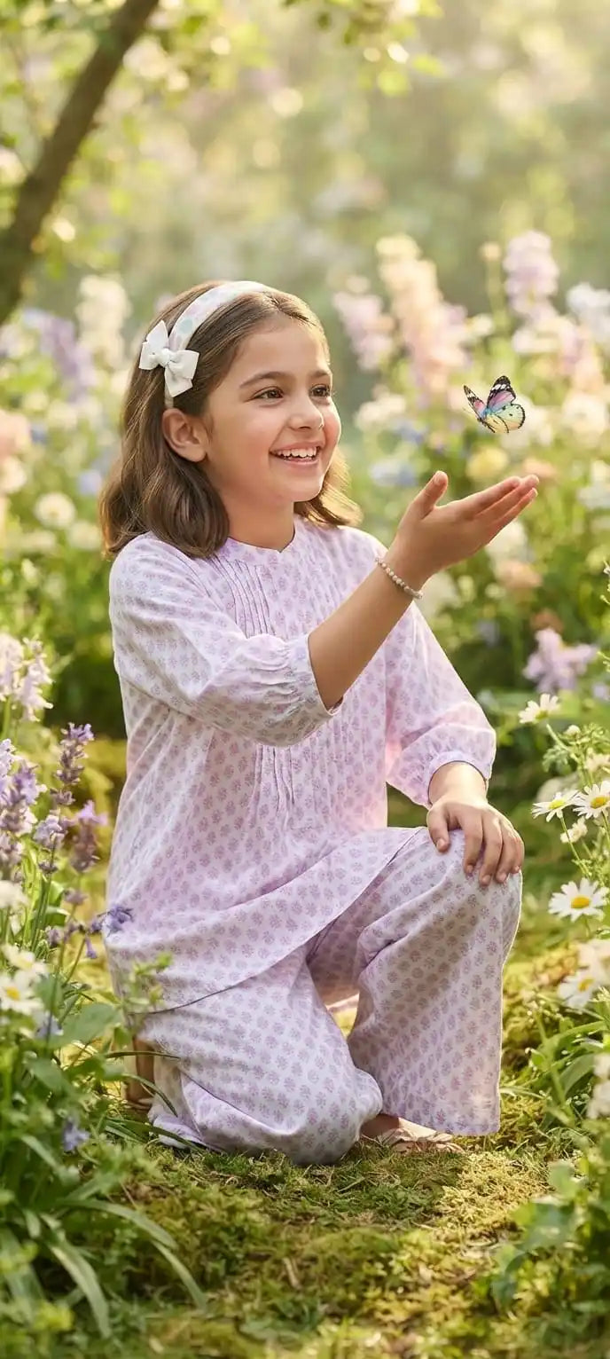 A young girl standing relaxed in a minimal modern print daily wear rayon co-ord trouser set.