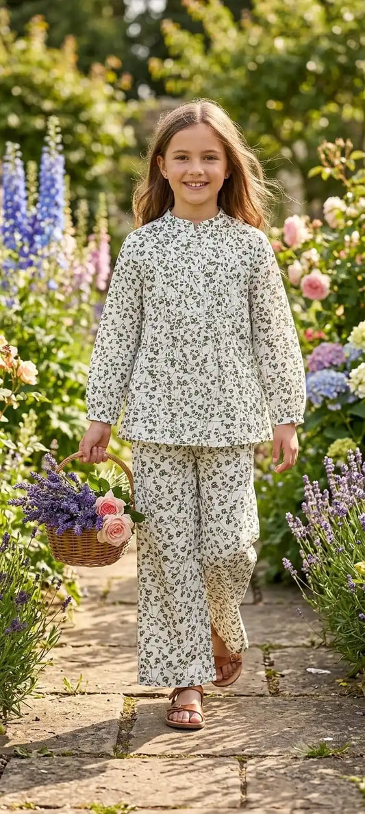 A cheerful child playing around while wearing a soft geometric pattern printed daily wear cord-set.