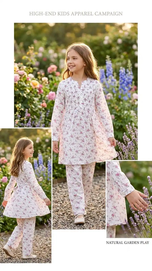 Side view of a joyful girl wearing a brightly colored trendy printed rayon matching set. by ASC