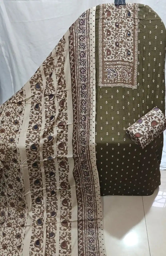 Olive Ajrakh Rayon Unstitched Suit By ASC