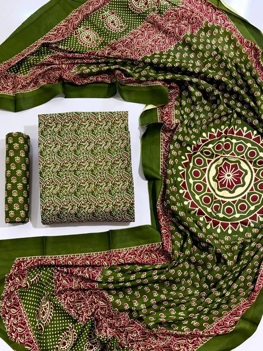 Olive Green Ajrakh Print Rayon Unstitched Suit By ASC