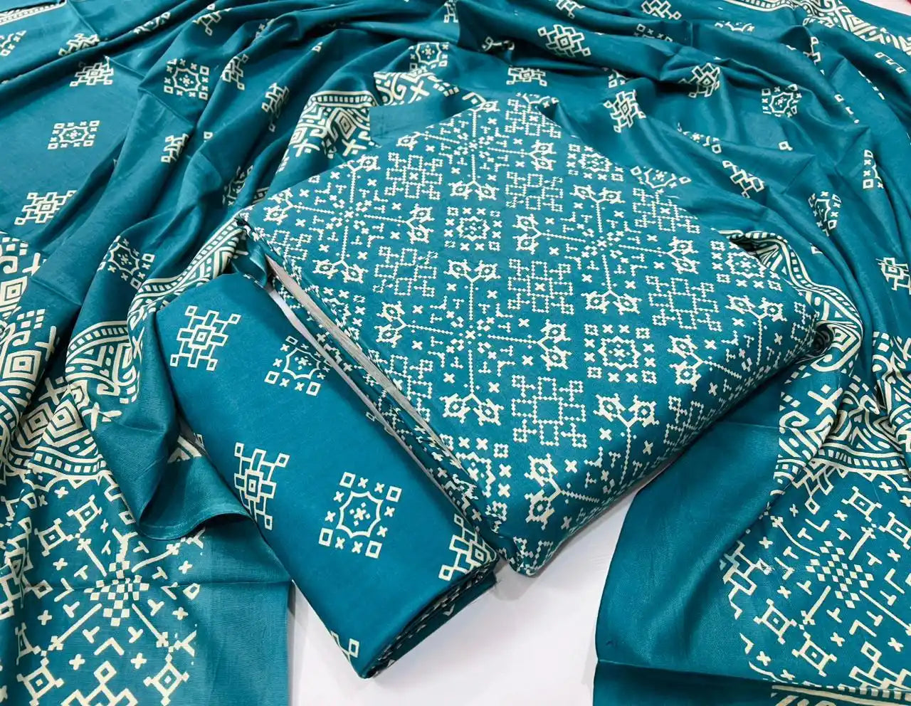 Teal Blue Kutchi Print Rayon Unstitched Suit By ASC