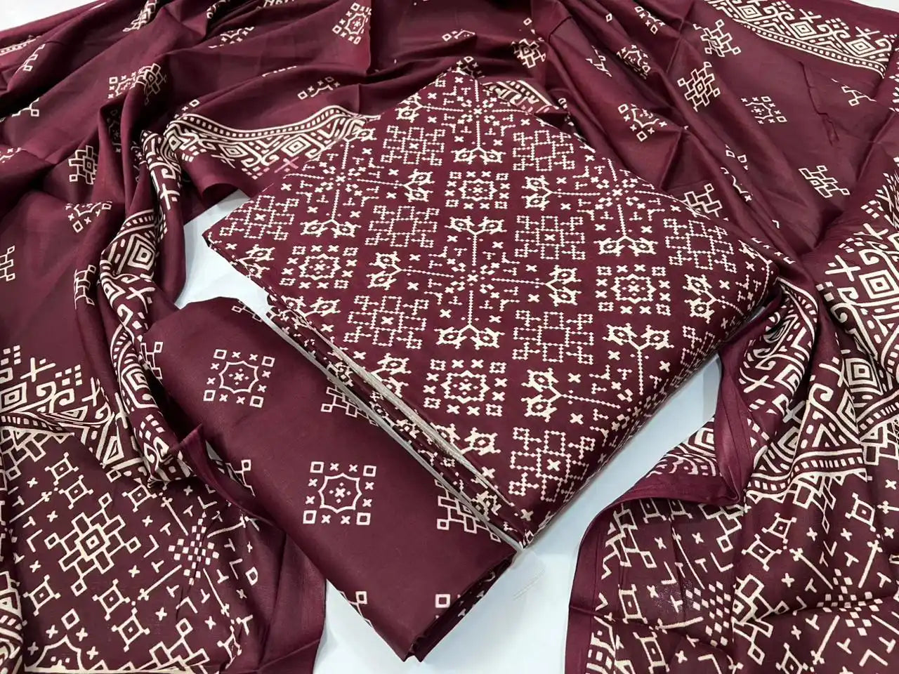 Maroon Kutchi Print Rayon Unstitched Suit By ASC