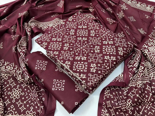 Maroon Kutchi Print Rayon Unstitched Suit By ASC