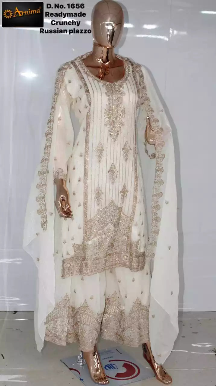 RUSSIAN PLAZZO HEAVY EMBROIDERED DESIGNER READYMADE CREAM COLOR SUIT WITH DUPATTA EMBROIDERED