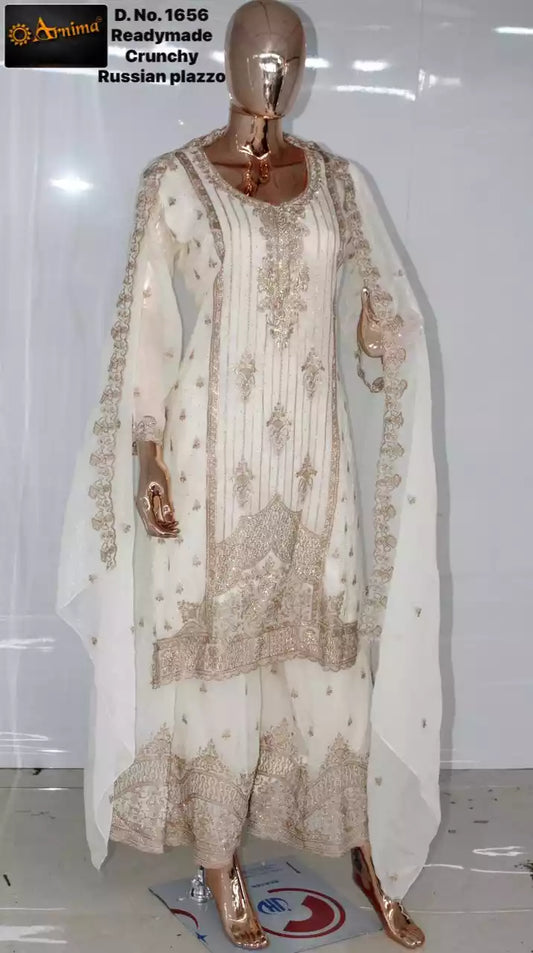 RUSSIAN PLAZZO HEAVY EMBROIDERED DESIGNER READYMADE CREAM COLOR SUIT WITH DUPATTA EMBROIDERED
