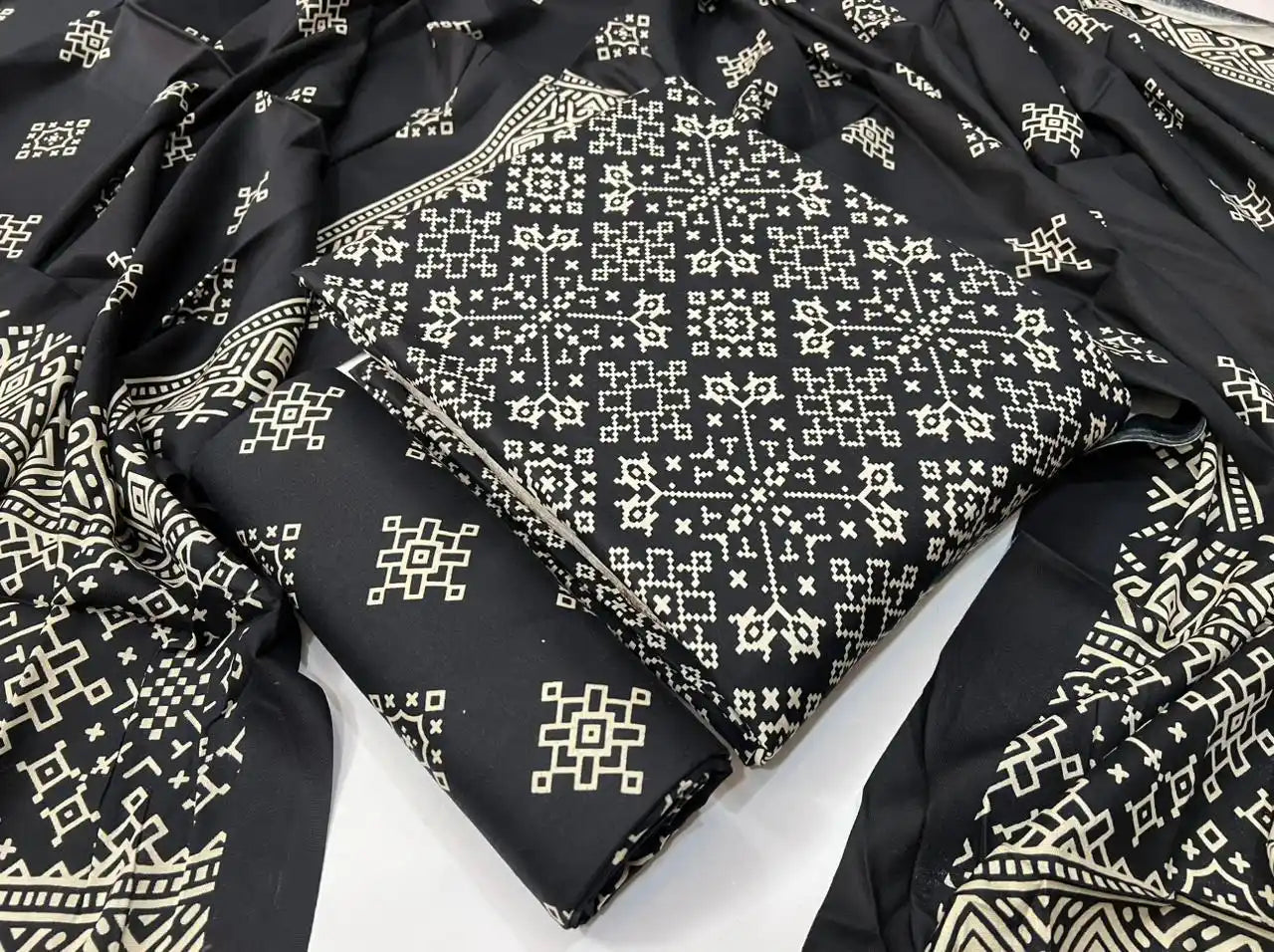 Ajrakh print pure black rayon unstitched salwar kameez set showcasing ethnic cream-toned cross-stitch geometric designs by ASC Fashion Store.