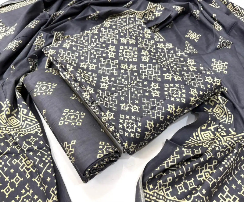 Rayon unstitched dark grey dress material with traditional geometric ajrakh block printing patterns and matching drape dupatta by ASC Fashion Store.