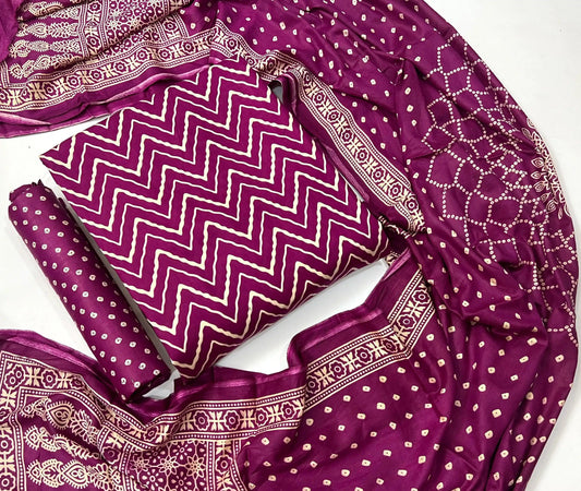 Rayon Unstitched Magenta Pink Ajrakh Print Suit with vibrant block print and elegant design.
