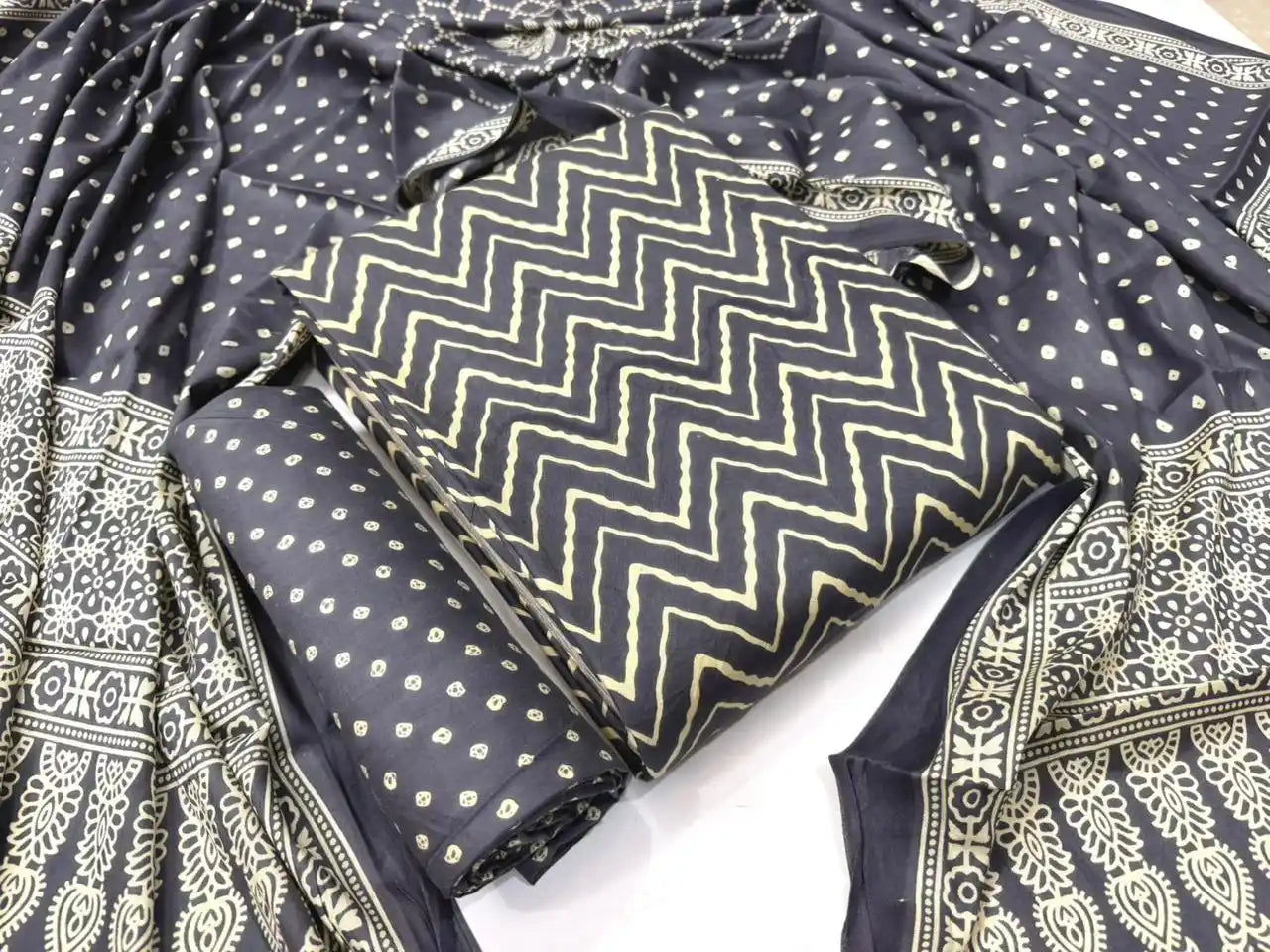 Charcoal grey rayon unstitched dress material with elegant ethnic handblock wave prints and matching dupatta.