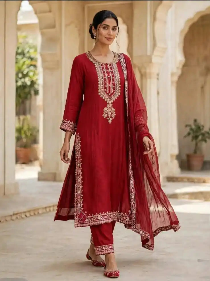 Red Straight Fit Kurta with Traditional Embroidery Designer Suit - ASC Fashion Store