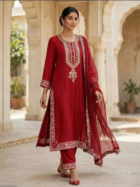 Red Straight Fit Kurta with Traditional Embroidery Designer Suit - ASC Fashion Store