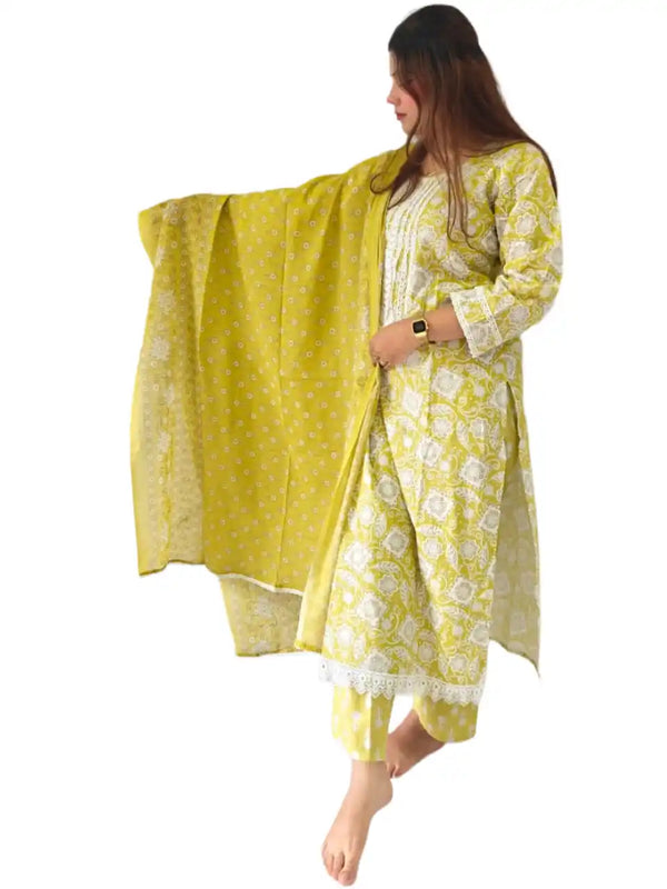 Readymade Block Print Cotton Suit With Cotton Dupatta