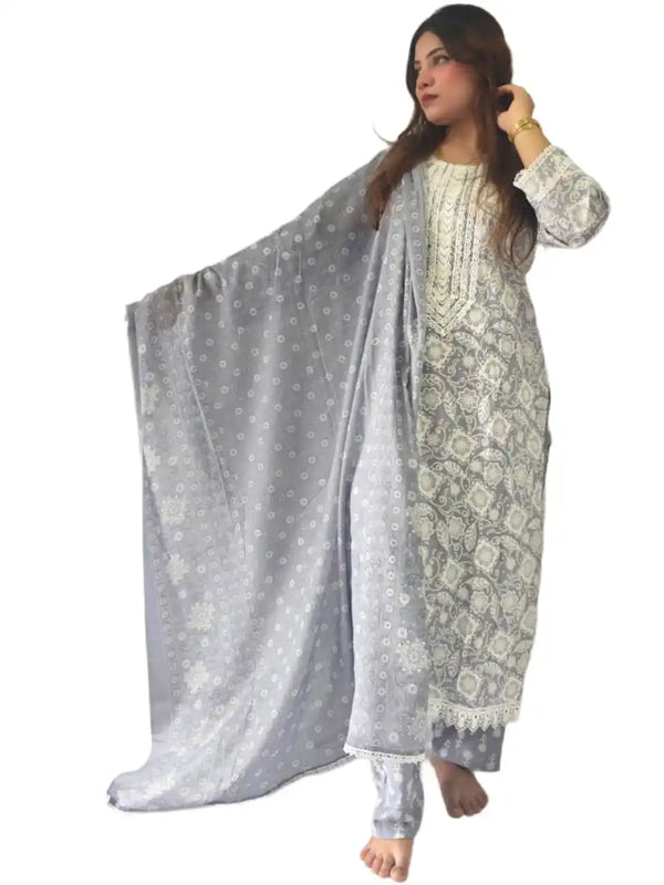 Readymade Block Print Cotton Suit With Cotton Dupatta