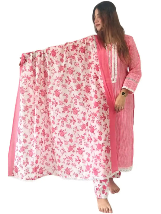 Readymade Block Print Cotton Suit With Cotton Dupatta