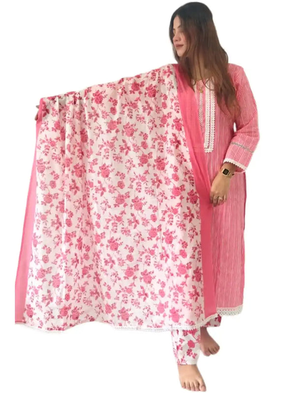 Readymade Block Print Cotton Suit With Cotton Dupatta
