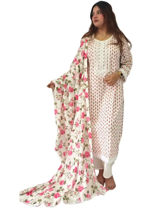 Readymade Block Print Cotton Suit With Cotton Dupatta