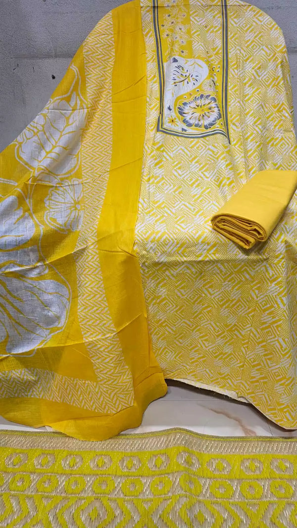 UNSTITCHED NECK EMBROIDERED COTTON SUIT WITH COTTON DUPATTA