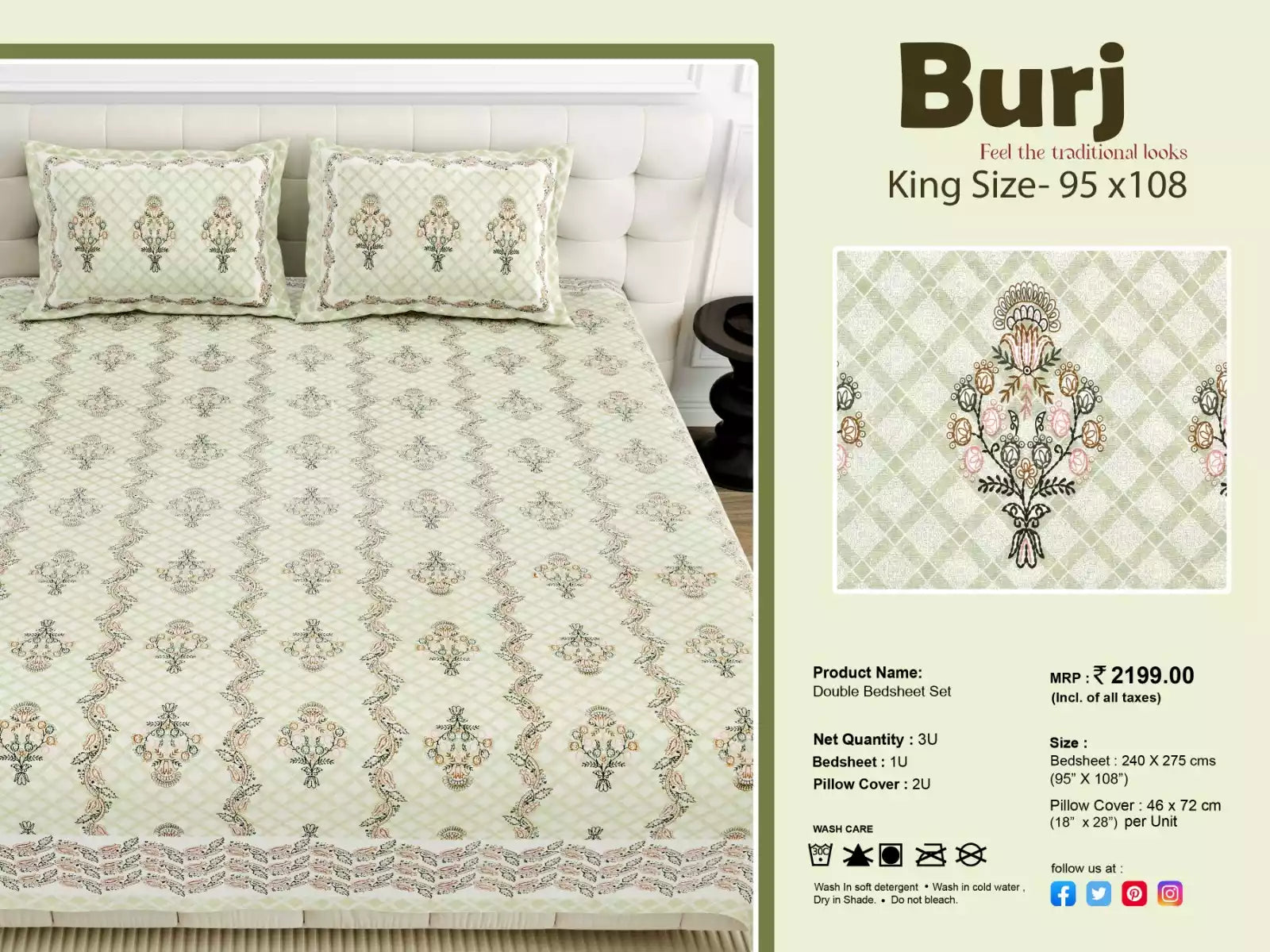 Burj King Size Bedsheet Set 95x108 inches with 2 pillow covers, featuring traditional prints and elegant design.