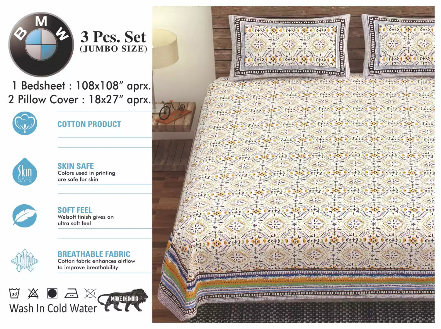 Super King Size Pure Cotton Bedsheet 9x9 ft With 2 Pillow Covers - ASC Fashion Store