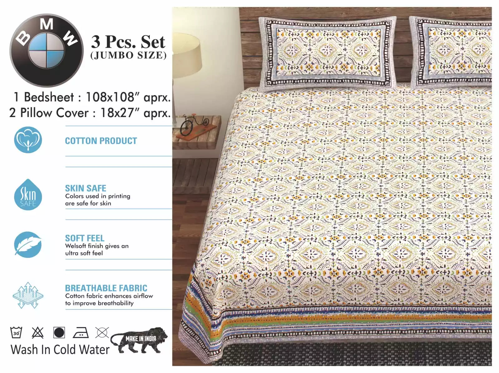 Super King Size Pure Cotton Bedsheet 9x9 ft With 2 Pillow Covers - ASC Fashion Store