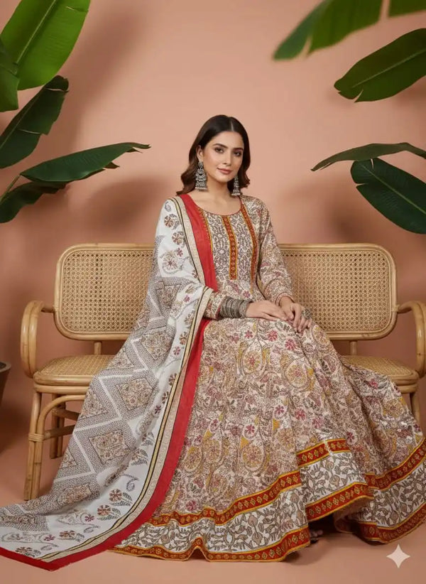 Frock With Neck Yoke Dabu Patch, Floral Print With Cotton Pant & Mal Dupatta