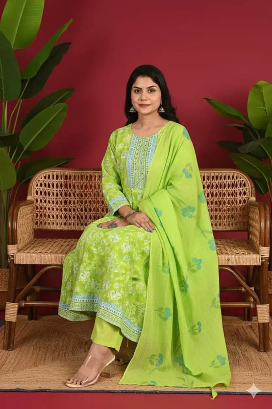 Frock With Neck Yoke Dabu Patch, Floral Print With Cotton Pant & Mal Dupatta